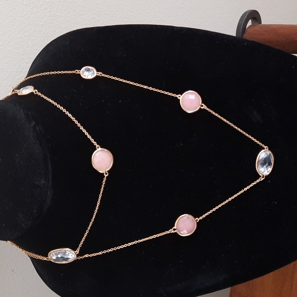 Blush pink and clear crystal inlay long gold necklace